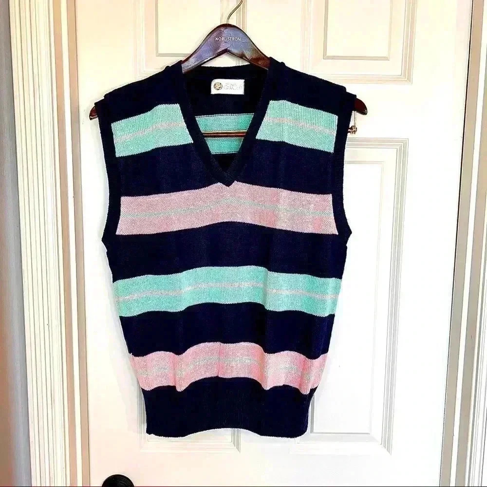 Aureus Vintage‎ Mens Striped V-Neck Sweater Vest Navy Pink Green Cotton Size M